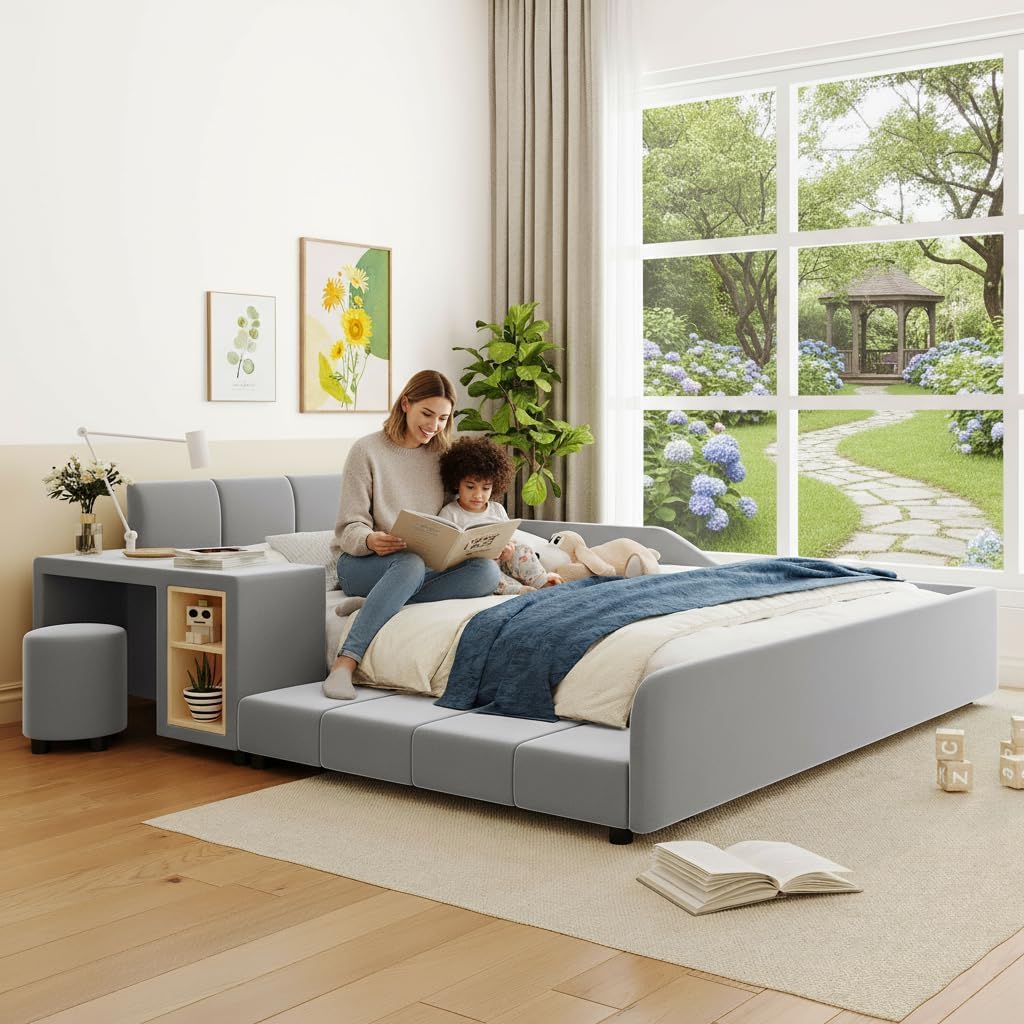 Queen Size Upholstered Bed Frame with Bedside Desk and Little Round Stool, Modern Comfortable Soft Bed with Sturdy Slats Support, Mother & Child Bed