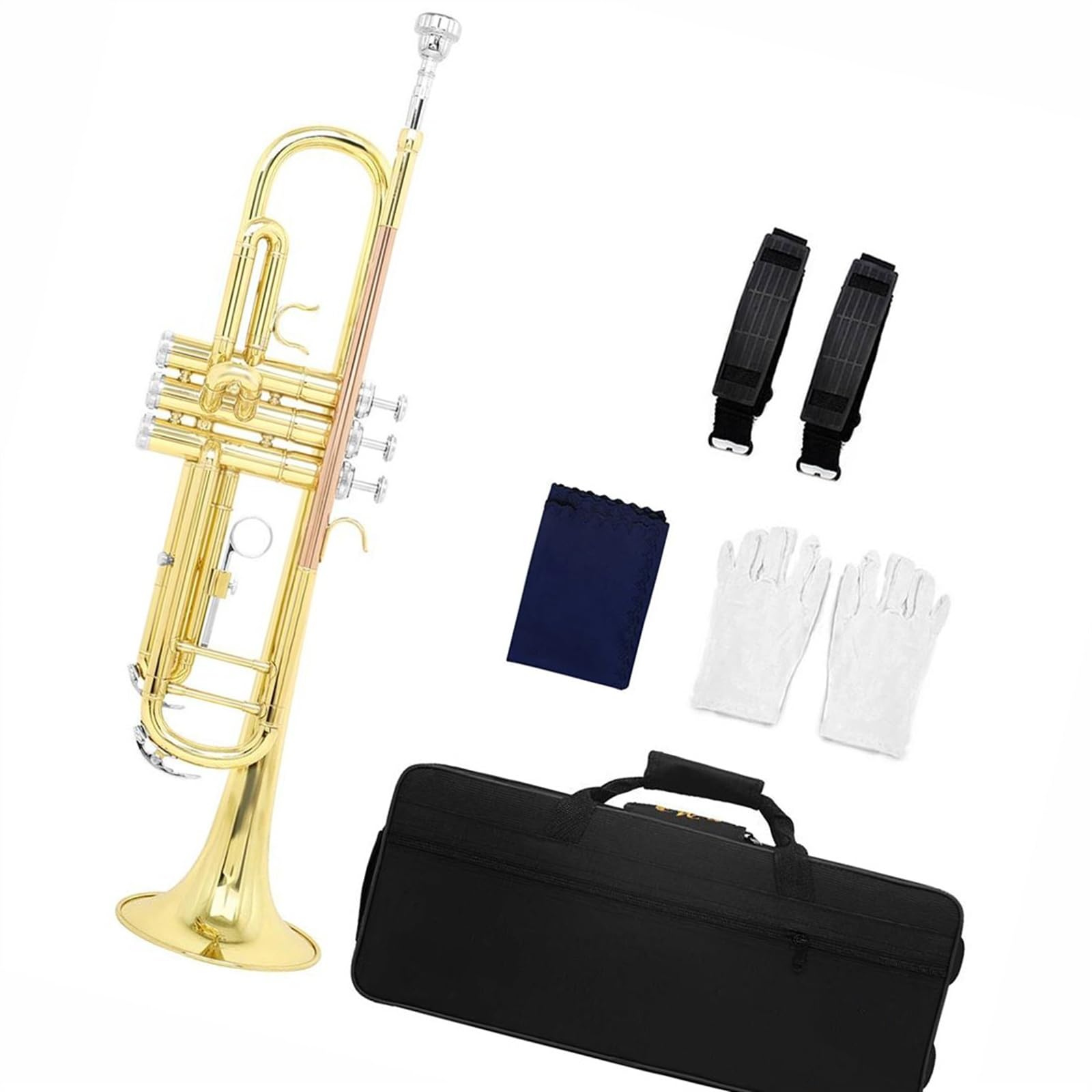 Trąbki Trąbka Bb B Flat Mosiądz Złoty Wykwintny Trwały Instrument Muzyczny Uchwyt Słaby Głośnik Rękawice Pasek Etui(A)