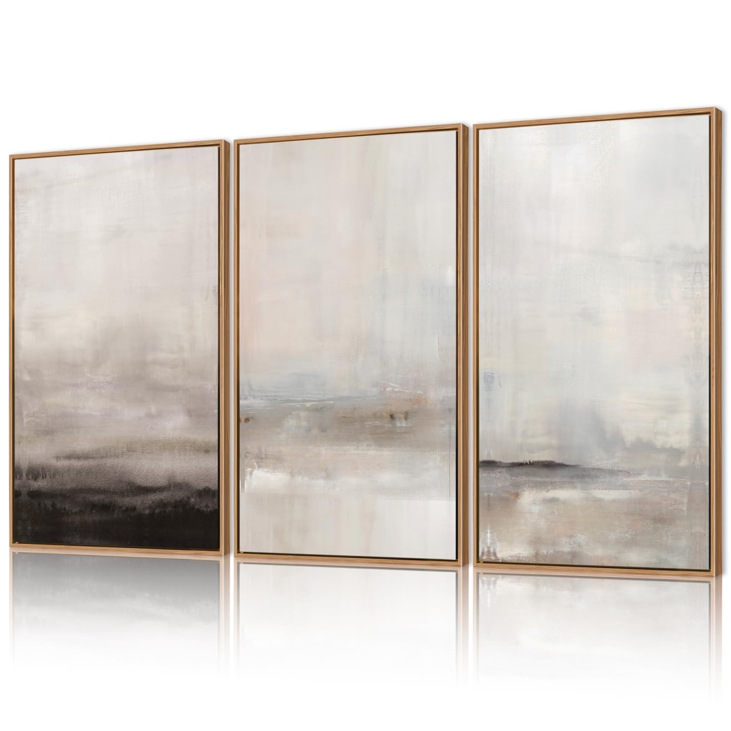 Framed Canvas Gray Tan Paint Stroke Landscape Wall Art Set(Set of 3, 16x24 inches), Abstract Shapes Illustrations Modern Art Prints, Boho Minimal Watercolor Wall Decor for Bedroom Living Room Office