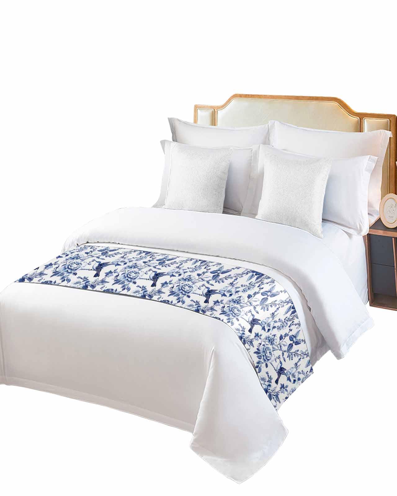 White Blue Spring Floral Bed Runner for Full/Queen Size, Summer Botanical Hummingbird Bedspread Protector Slipcover Bed Scarf for Foot Runners & Scarves for Bedroom Hotel Wedding Room 83x20 Inches