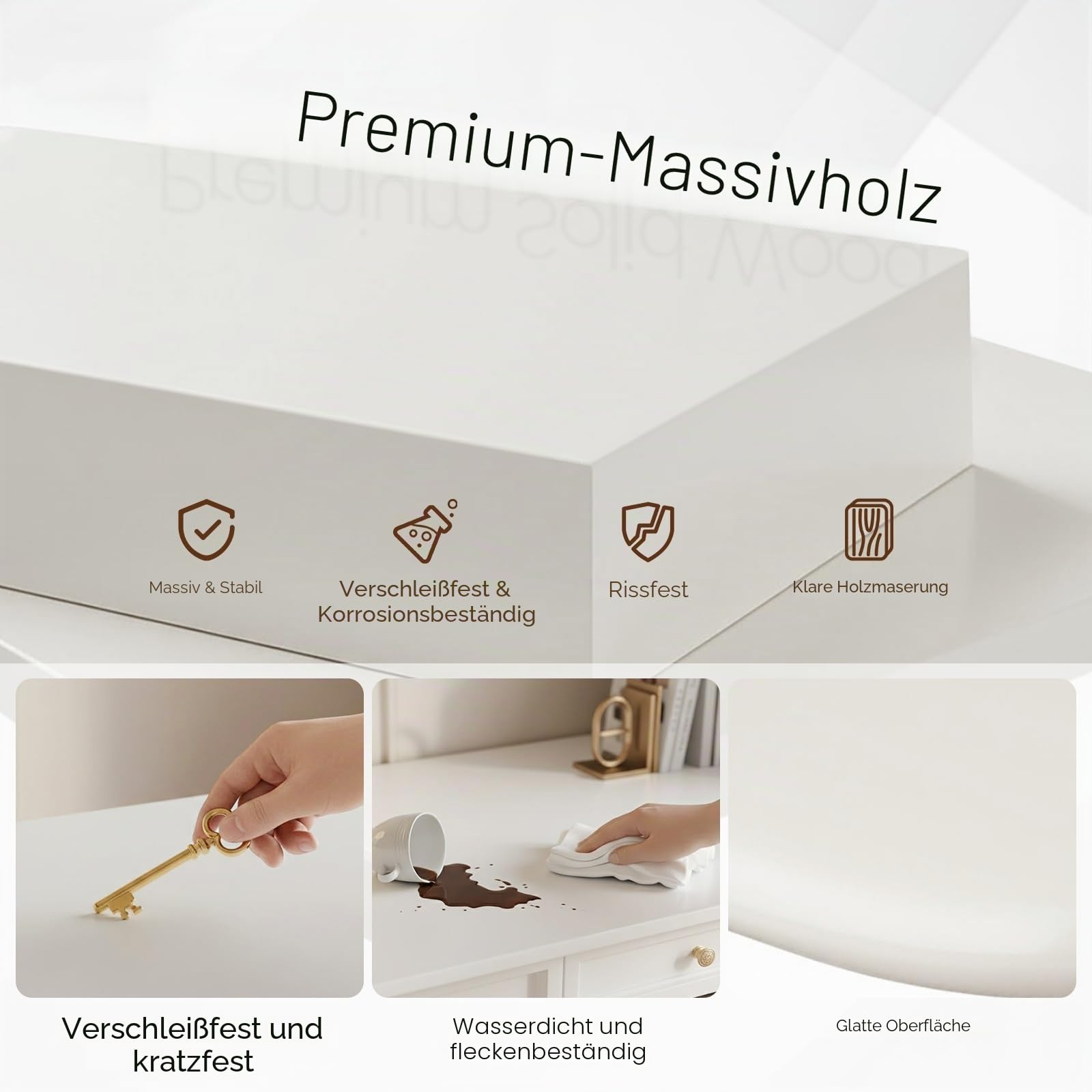 Schreibtisch Massivholz Landhausstil 120x60 cm Weiß, großer Profi Computertisch für Dual Monitor mit Massivholz Schubladen wackelfrei