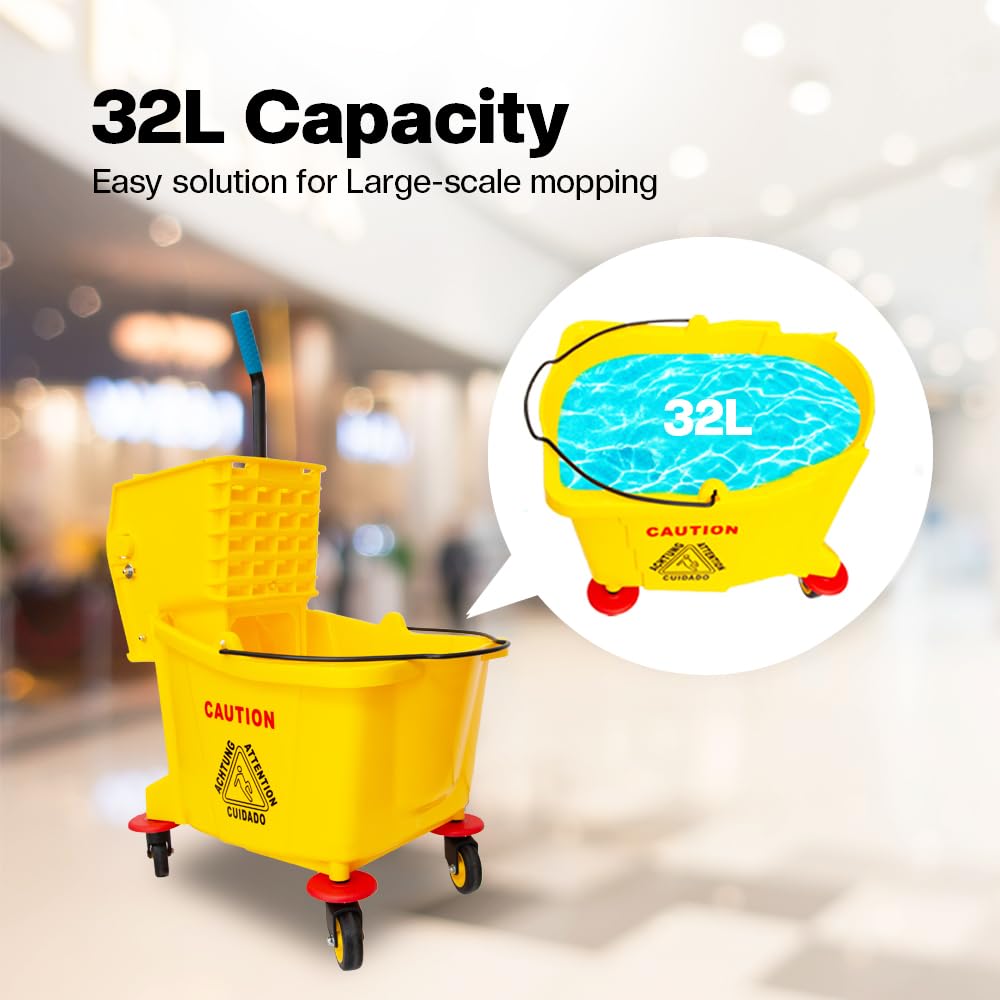 Berry Cubo de fregona comercial compacto con letrero de piso húmedo, cubo de fregona Kentucky con ruedas, 32 L, carrito de limpieza amarillo con escurridor extraíble y ruedas giratorias para