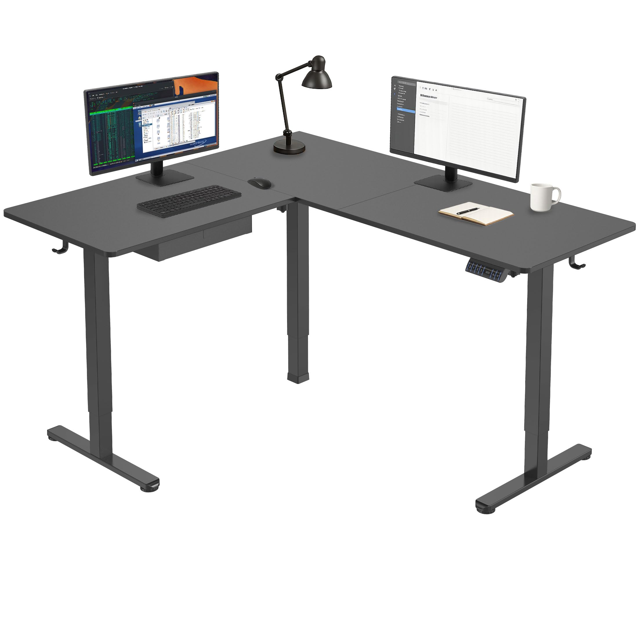 Mount-It! L Shaped Standing Desk - Large Electric Corner Height Adjustable Sit Stand Workstation Height Range 28.3-46.5", 3 Memory Settings, Steel
