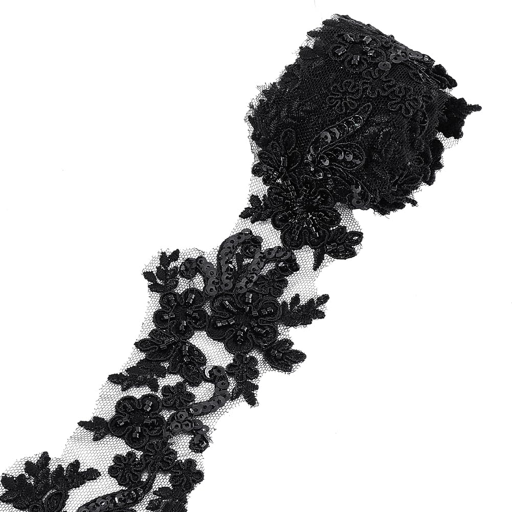 FINGERINSPIRE 1.83m Embroidered Lace Sequin Trim 60mm Wide Black Polyester Sewing Flower Trim Floral DIY Applique Sewing Craft Black Lace Edge Ribbon for Wedding Bridal Dress Clothes Hat Decoration