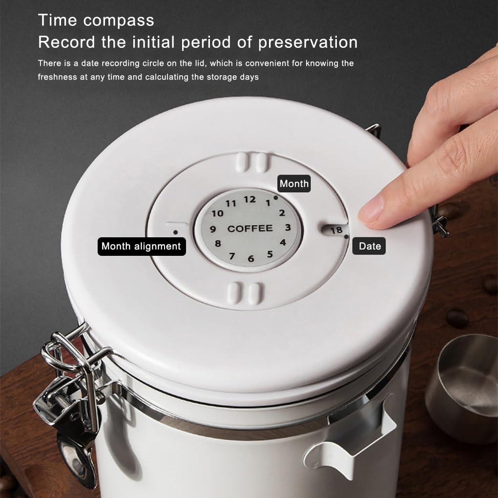 Vakuum-Kaffeebohnen, 1,2 l, luftdichter Behälter mit Datums-Tracker, Tee, großes Fassungsvermögen, für Büro, Lebensmittel, weiß/Stahllöffel, 1200 ml, 2 Stück