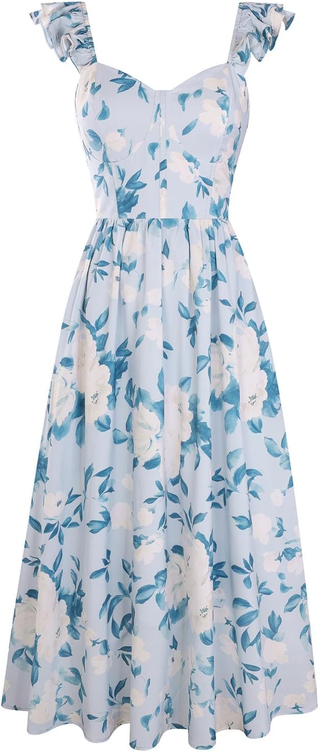 GRACE KARIN 2026 Women Summer Maxi Floral Corset Dress,Ruffle Sleeve Milkmaid Dresses, Wedding Guest Dresses with Pocket