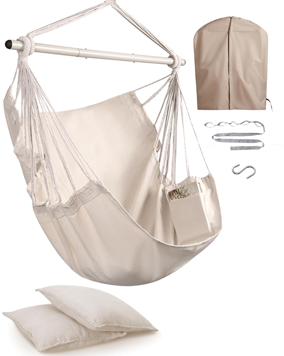 Miztli Hammock Chair with Hanging Chair Cover – 2 Cushions, Steel Spreader Bar with Anti-Slip Rings, Comfortable Indoor & Outdoor Hanging Chair –