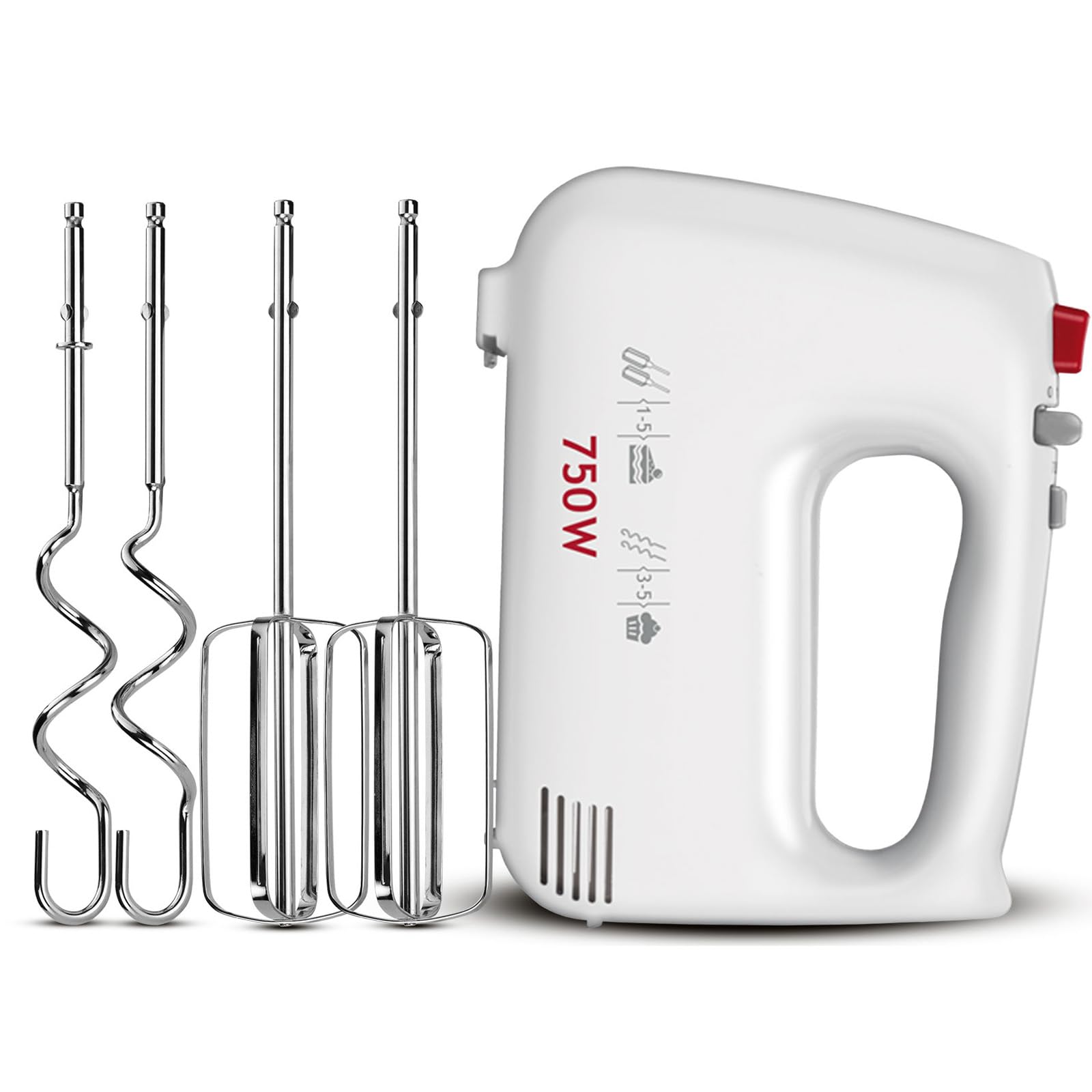 MPM - MMR-19 - Batidora de mano - Batidora de mano - 750 vatios - Con batidor para masa de galletas y gancho para amasar masa de levadura/pan - Con 5 velocidades y nivel turbo - Eléctrico (blanco)