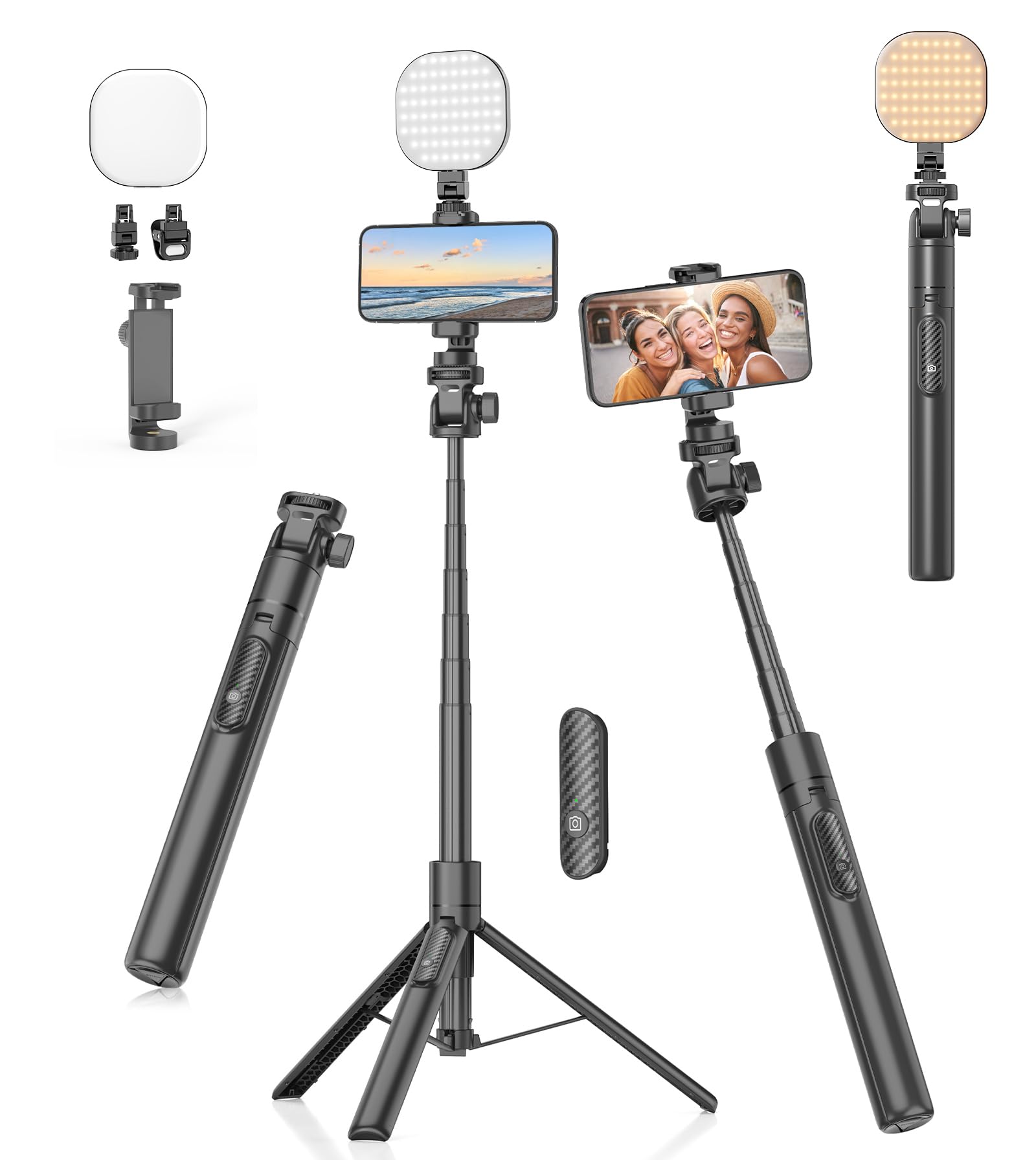 Gahenwo Vlogging Kit,Palo Selfie Trípode Móvil Teléfono con luz LED, 155cm Trípode Monopie para Cámara de Pie con Mando a Distancia y Soporte de Teléfono Móvil para iPhone