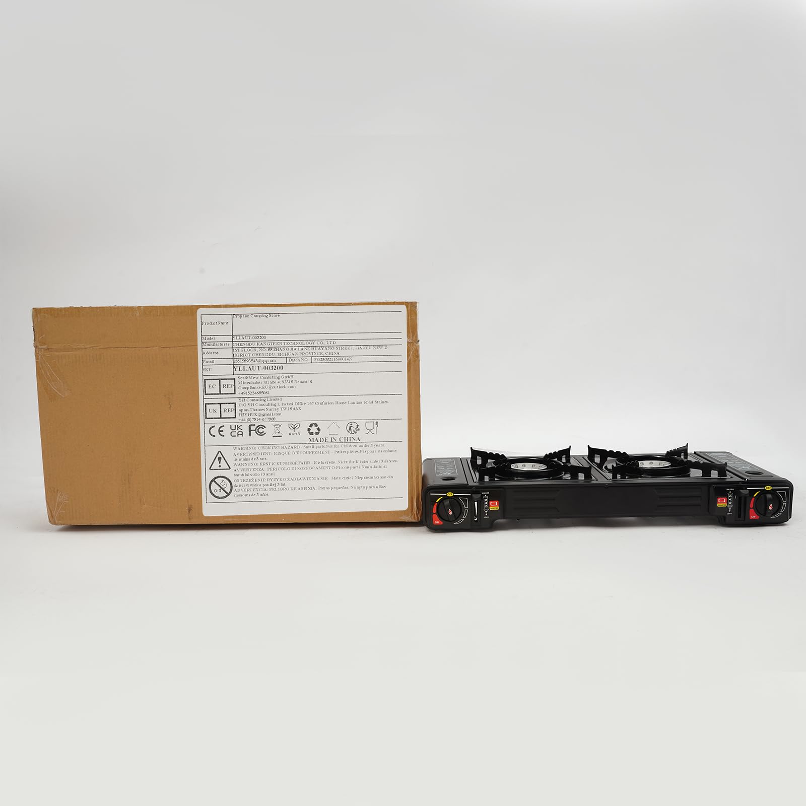 Fornello a 2 fuochi 2500W 63 × 26 × 12 cm Fornello a doppio gas con teglia e borsa portatile, Fornello da campeggio per esterni e interni Griglia da tavolo in alluminio Fornello a gas con piastra