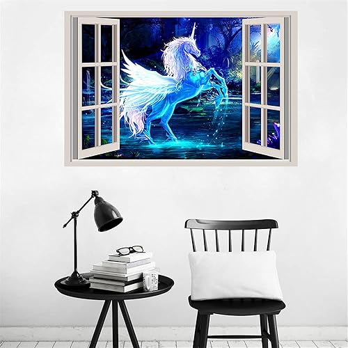 Miniatura 2 de YOWOCAL 3D falsas ventanas pegatinas de pared, diseño de unicornio de fantasía extraíble para decoración de la sala de estar de los niños, 23.6 x