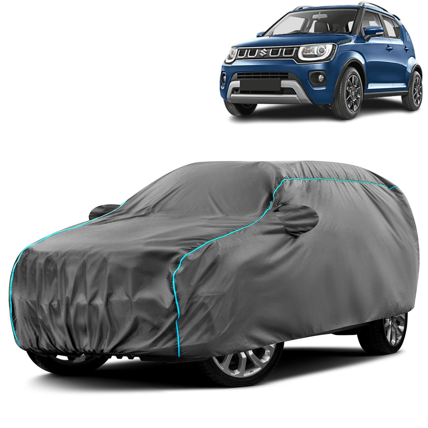 Water-Resistant Dustproof Car Cover for Maruti Suzuki Ignis - Mirror Pocket, UV Protection, Scratch Guard, Buckle Belt, Front & Back Bottom Elastic with Aqua Blue Piping - Grey-image-41