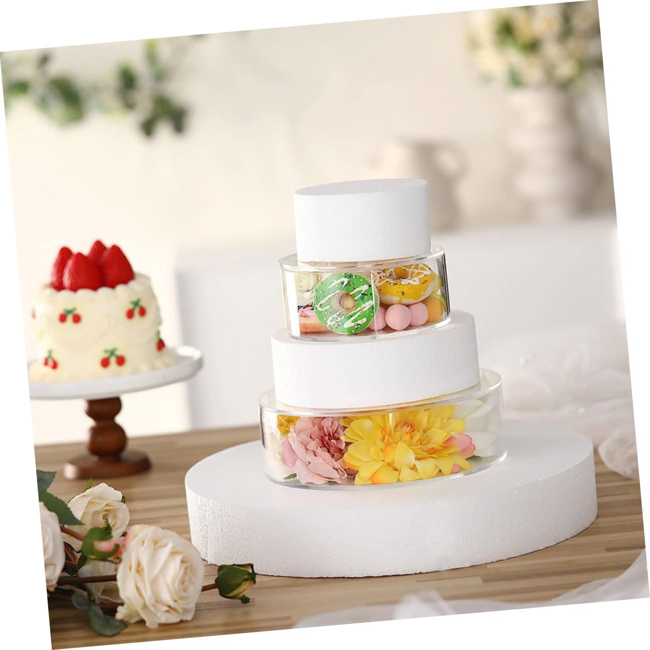 Generico Supporto Pezzi in Rotondo Torte Acrilico Trasparente e Design 2 Riempibile Esporre Matrimoni e Feste Dolci e Snack