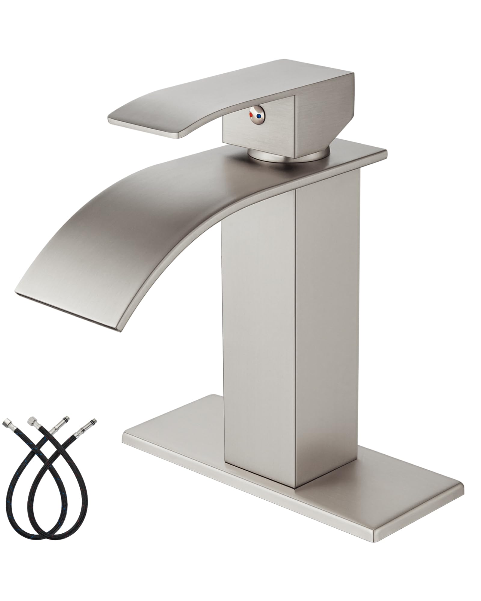 Hcfyauis Women's Brushed Nickel Waterfall Spout Bathroom Faucet Single Handle 1 Hole Bathroom Sink Faucet,Modern Rv Lavatory Vanity Basin Tap With Water Hose,No Drain,Short Body,