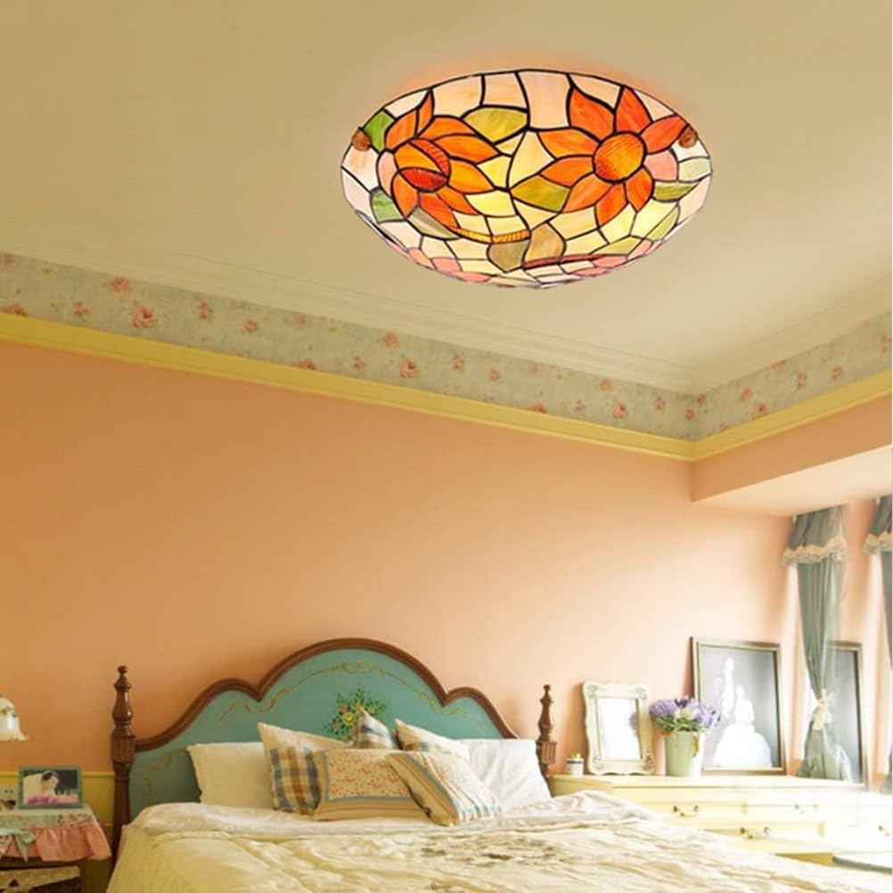 AoLa Retro lampy sufitowe Tiffany Ręcznie wykonane artystyczne lampy sufitowe ze szkła w kształcie kwiatów E27 Okrągłe kolorowe klosze Lampy do sypialni Śródziemnomorskie lampy barokowe,40CM