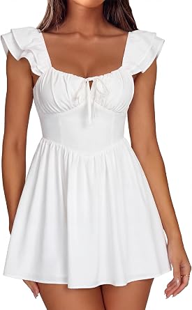 Parthea Summer Corset Mini Graduation Dress Ruffle Sleeve Back Tie Flowy A Line Party Short Sundress for Women