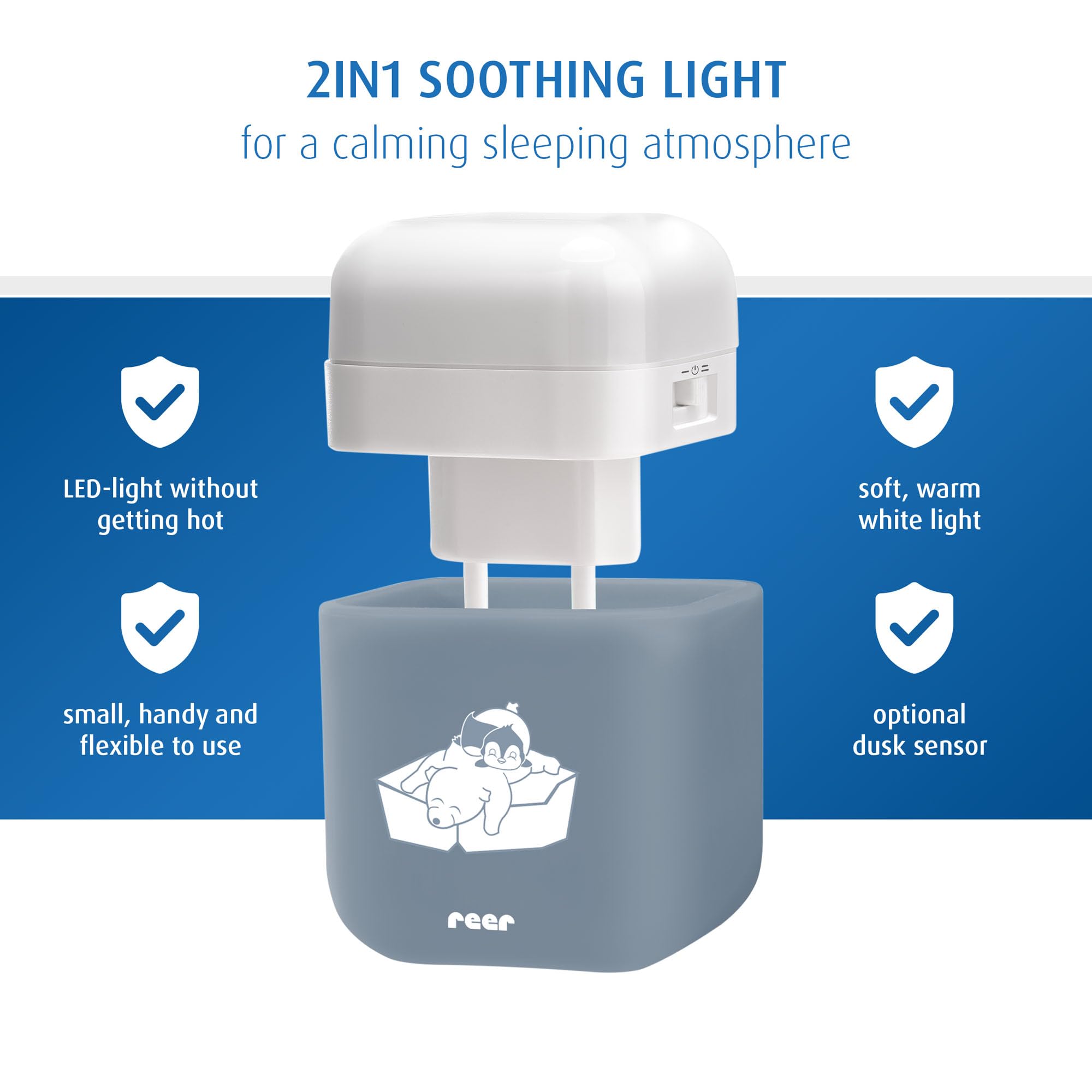 reer SleepLight 2 w 1 | lampka nocna do gniazdka elektrycznego i z zasilaniem akumulatorowym | tryb On-Off i czujnik | nastrojowe światło dla dzieci | niebiesko-szara
