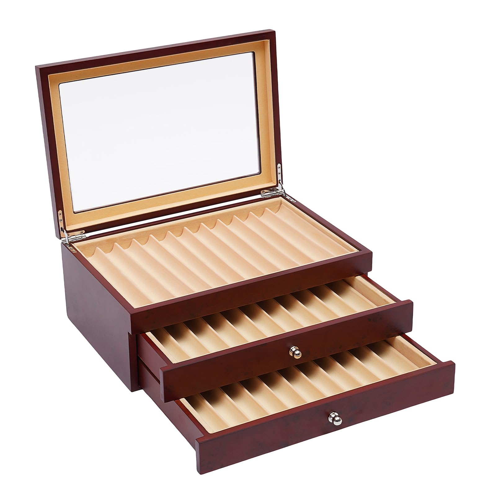Füllfederhalter Vitrine,Rosenholz Fountain Pen Display Box 3-Stufige Stift-Display-Box Samt Ausgekleidet mit Vitrine Stiftebox Und Griffe für Füllfederhalter 31 X 21 X 12.5cm (Rot)