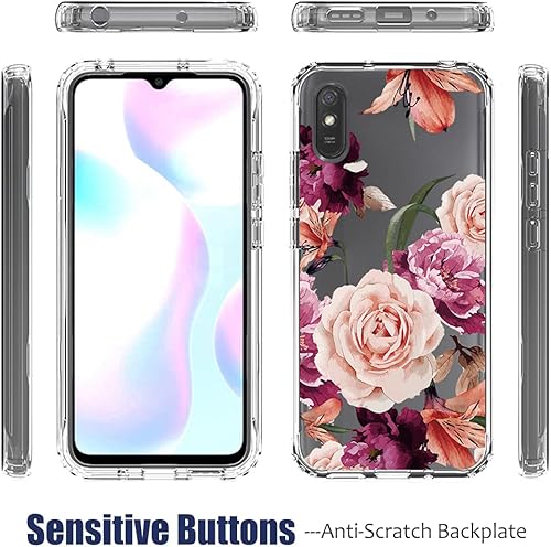 Miniatura 5 de Funda para Redmi 9A/Redmi 9i M2006C3LII con protector de pantalla de vidrio templado, cuerpo completo, lindo diseño floral, a prueba de golpes,
