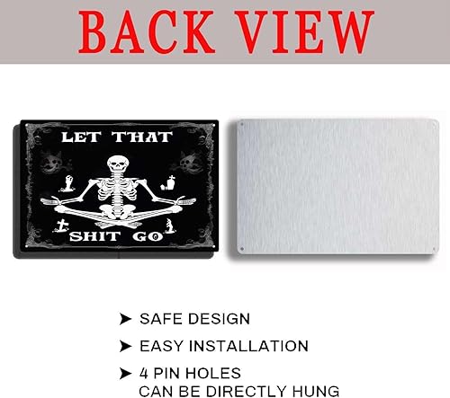 Miniatura 7 de Divertido letrero gótico negro con diseño de calavera con texto en inglés "Let That Shit Go", letreros metálicos para decoración de baño gótica de