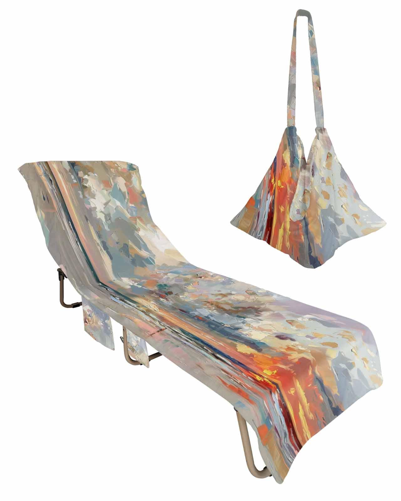 Abstract Orange Beach Lounge Chair Towel Cover, Soft Chaise Lounge Towel with Side Pockets Patio Pool Chairs Cover for Beach/Pool Sunbathing 29x85 Modern Multicolored Summer Beach