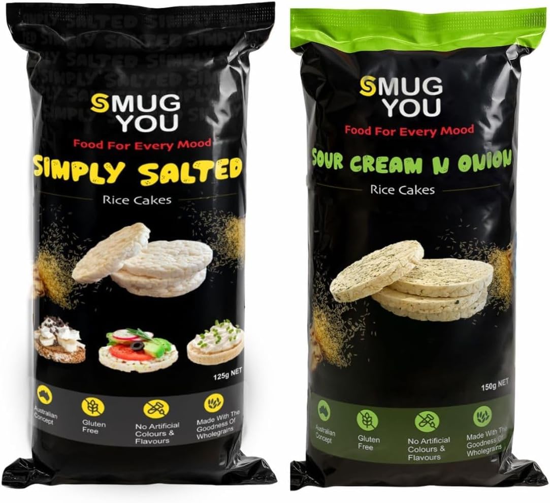Smug You Rice Cakes Combo of Simply Salted & Sour Cream, 150g (Pack of 2) | Premium Organic Healthy Crunchy Snack | Low Calorie & High Fiber | Guilt-Free Snack for Weight