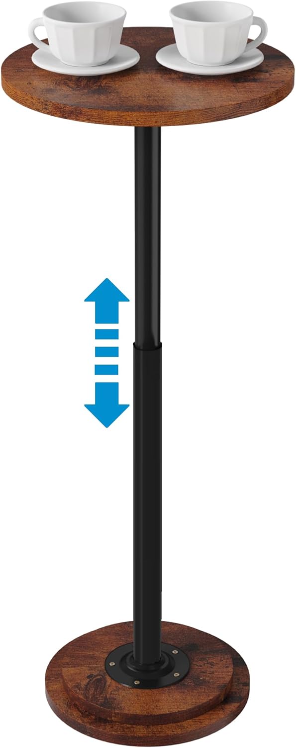 Adjustable Height Drink Table - Small Pedestal Side Table 88 lbs Capacity, Rustic Brown for Couch, Bed, Small Spaces