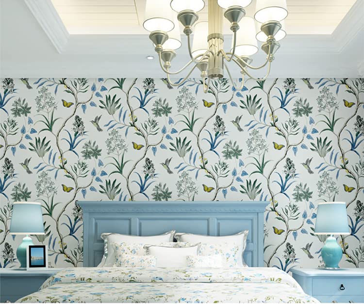 10X0.53M Blue American Country Flowers Birds Butterfly Textured Non-Woven Wallpaper Roll for Bedroom Livingroom 1.73' W x 32.8' L=5.3㎡ (57sq.ft) … - Image 3