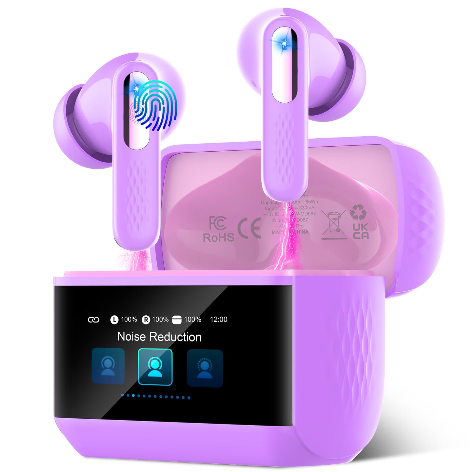 Wireless Headphones with LED Touch Screen, Bluetooth 5.4 HiFi Stereo Headphones with HD Mic, 48H Wireless Headphones with Noise Reduction ANC+ENC, IP7 Waterproof, Glossy Black — view 10