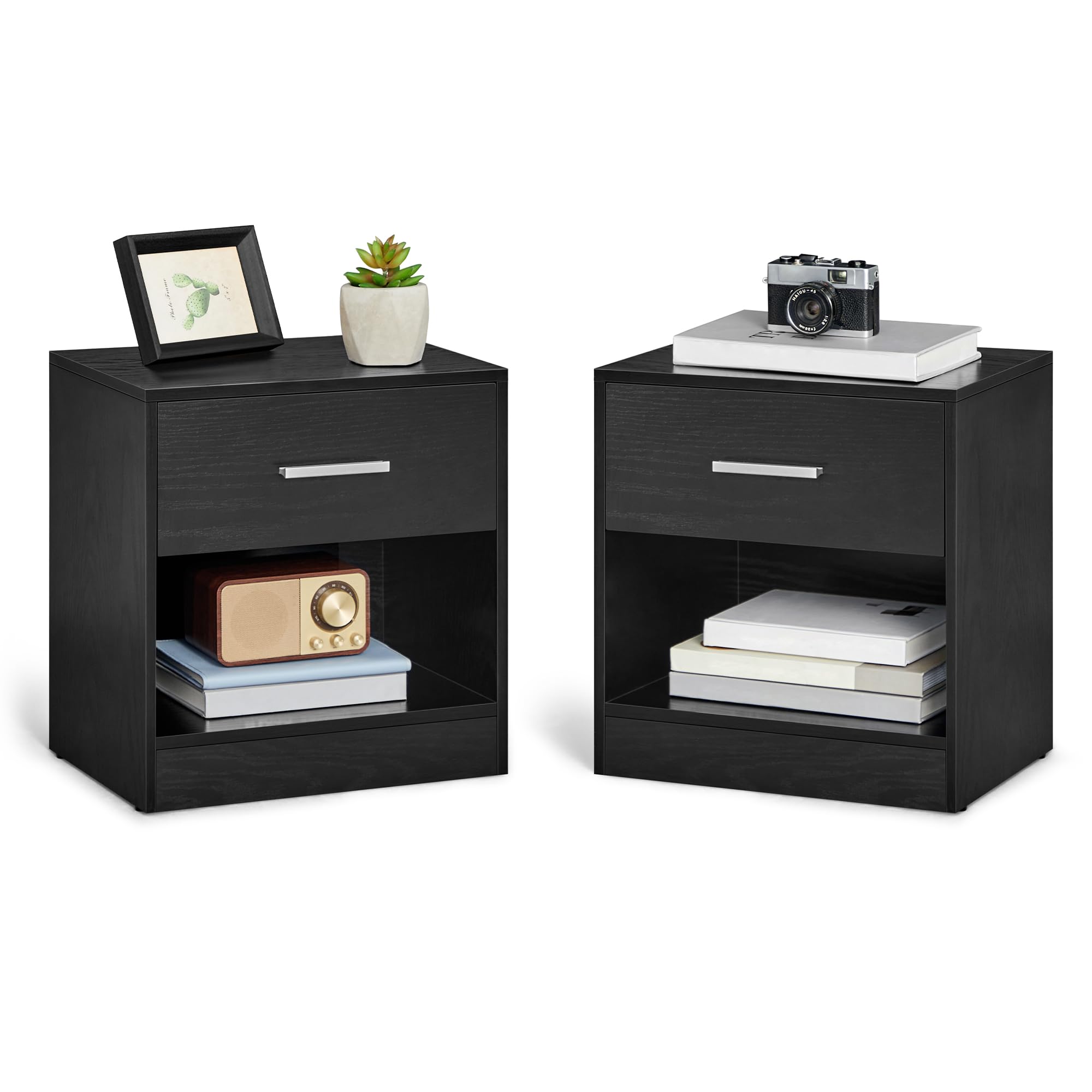 VASAGLE Juego de 2, Mesita de Noche, Mesa Auxiliar con Cajón, Asa, Compartimento Abierto, para Dormitorio, Salón, Negro Clásico LET819T56