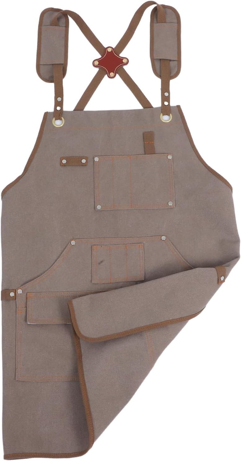 Canvas Work Tool Apron with Pockets, Adjustable Cross Back Straps, Thick Khaki Canvas for Gardening, Woodworking, Cooking and Serving, 75cm Adult Size