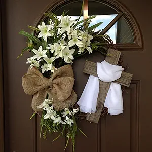 Corona de Pascua con guirnalda de cruces - Decoración primaveral de 45 cm para puerta principal, corona rústica hecha a mano, decoración religiosa para el hogar, Pascua y celebraciones familiares (blanco).