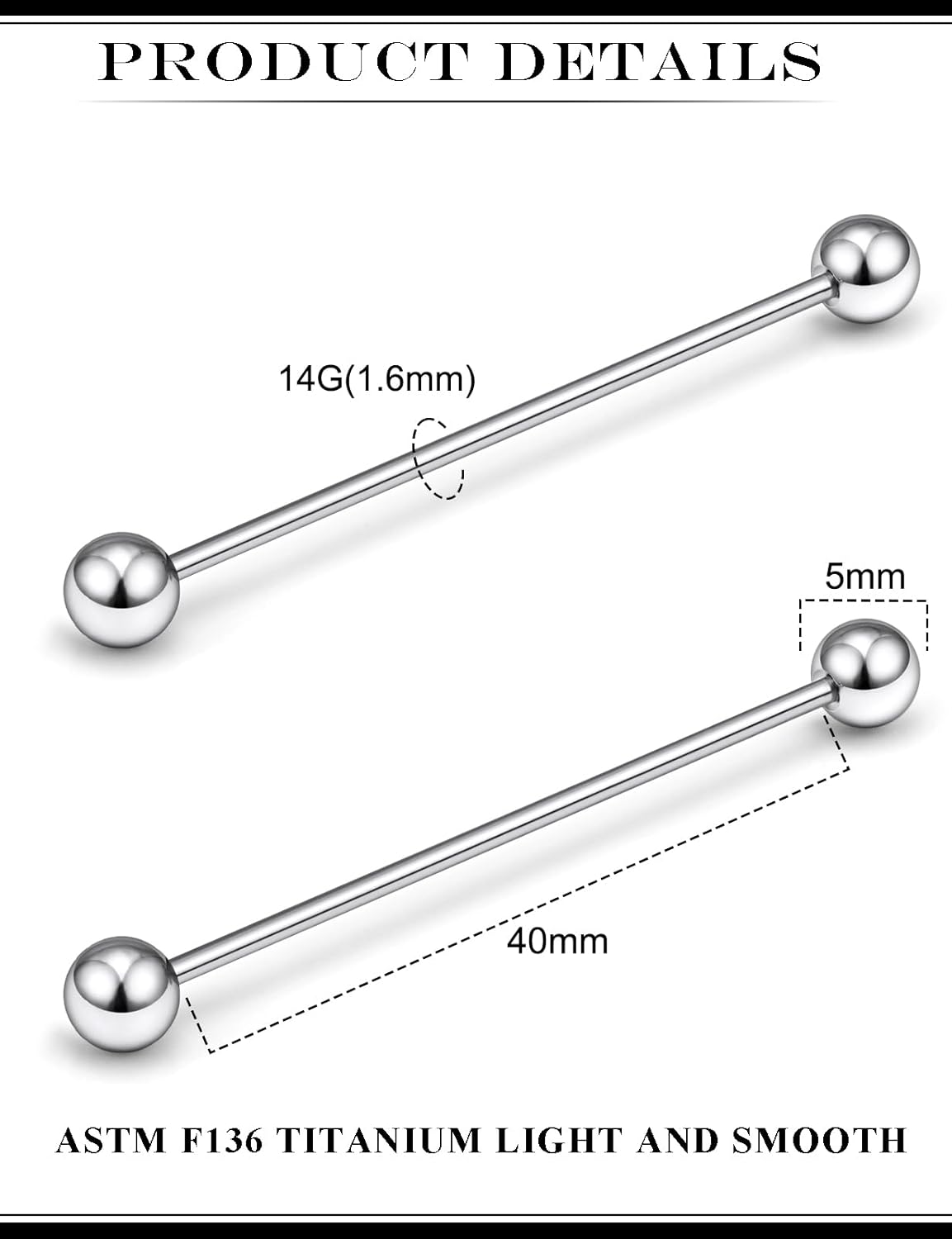 14G 16G Astm F136 Titanium Nipple Tongue Rings Piercing Jewelry Industrial Straight Barbell Tongue Nipple Ring Piercing Jewelry For Women Men Bar Length 6MM - 40MM - Image 4