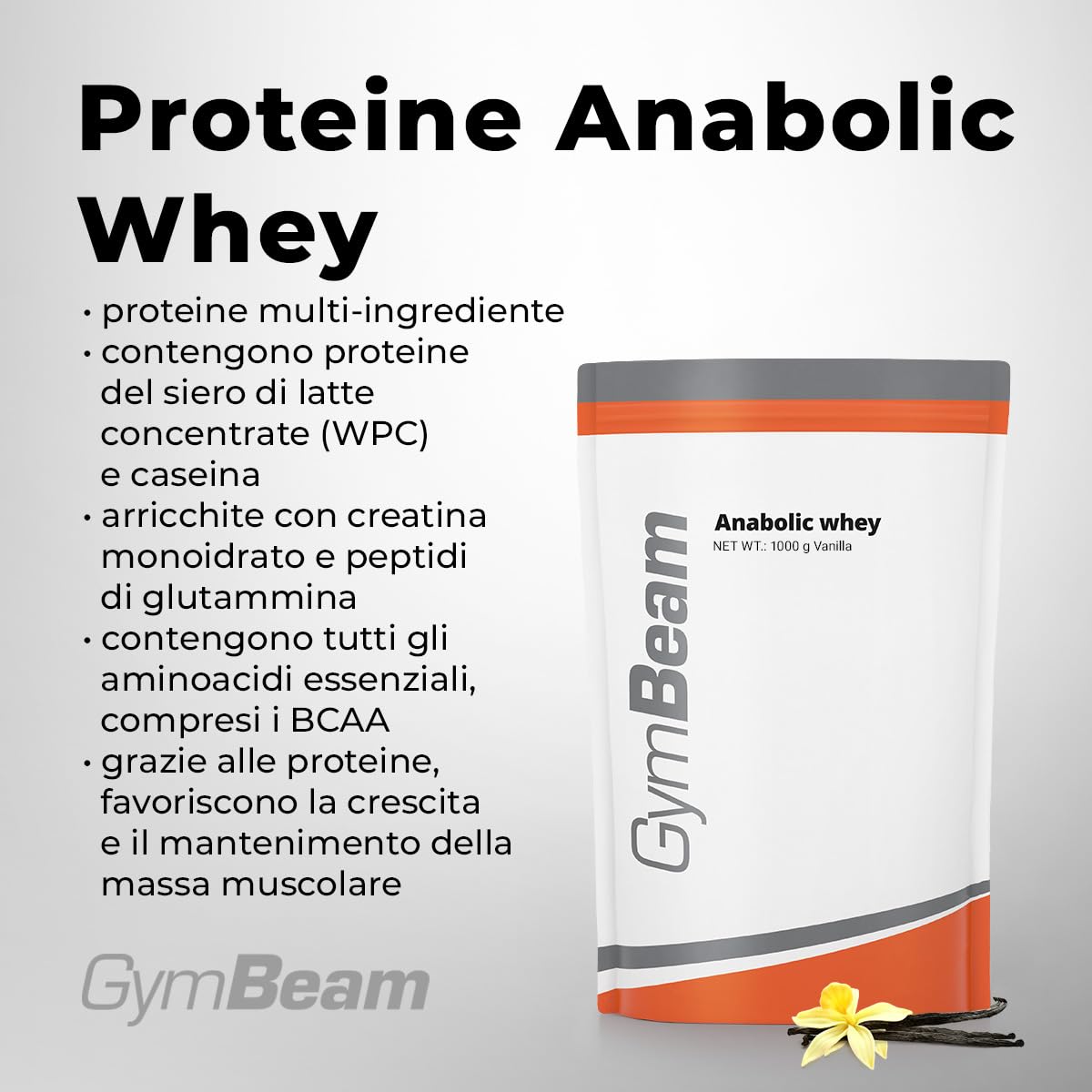GymBeam Anabolic Whey - Proteine in Polvere Multicomponente con Whey Protein, Arricchite con Creatina Monoidrato e Peptidi di Glutammina, con Aminoacidi Essenziali (1000 g, Vanilla)