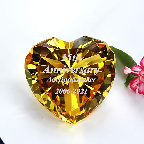 Corazón de diamantes de cristal (dorado) PAPERWEIGHT, grabado personalizado gratis,