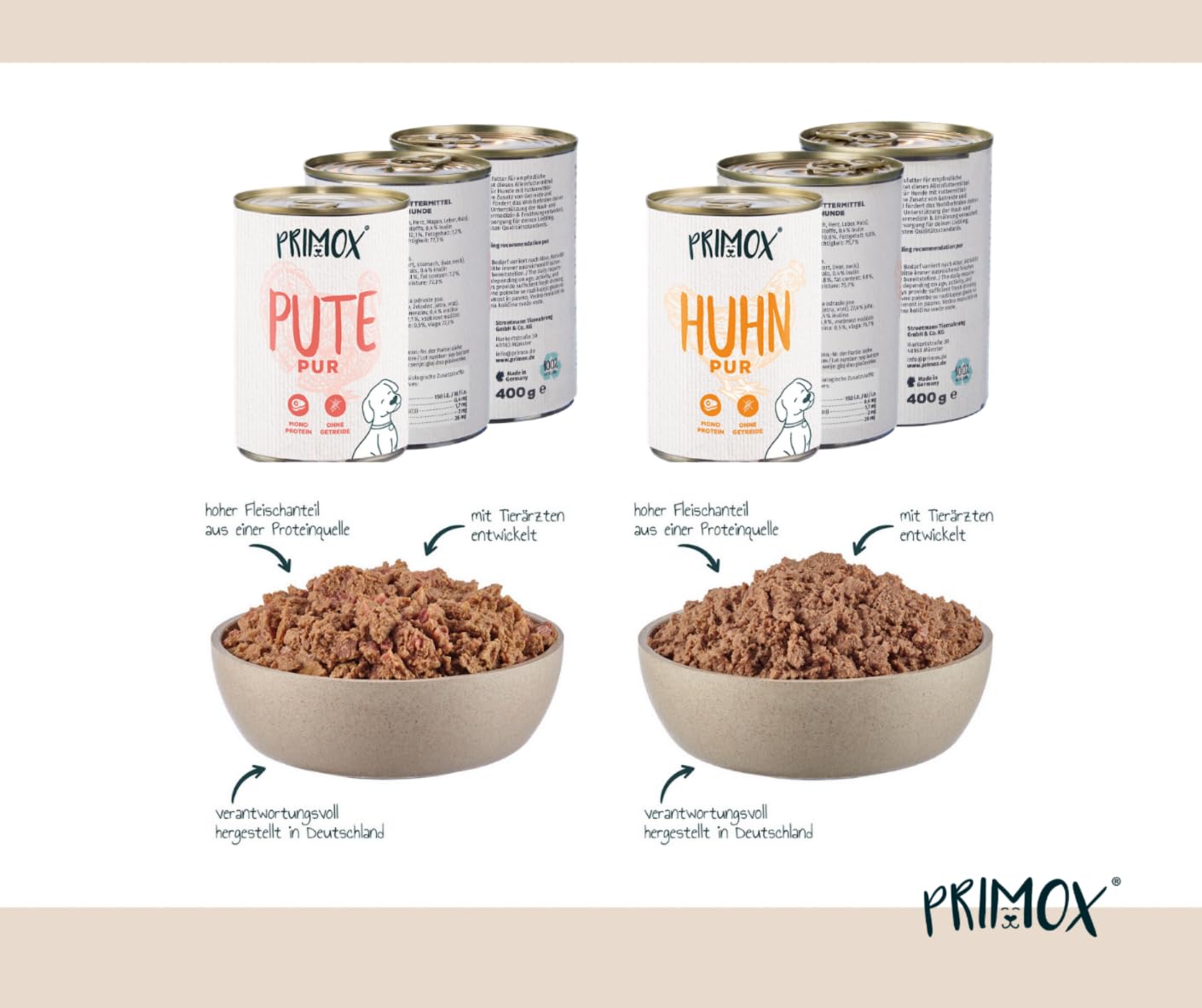 PRIMOX Hundefutter nass PUR Mix 1: Rind, Pute, Pferd & Huhn, 24x 400 g - Natürliches Nassfutter mit 70% Fleischanteil - Monoprotein-Quelle ohne Getreide & Zucker - Mit Tierärzten entwickelt