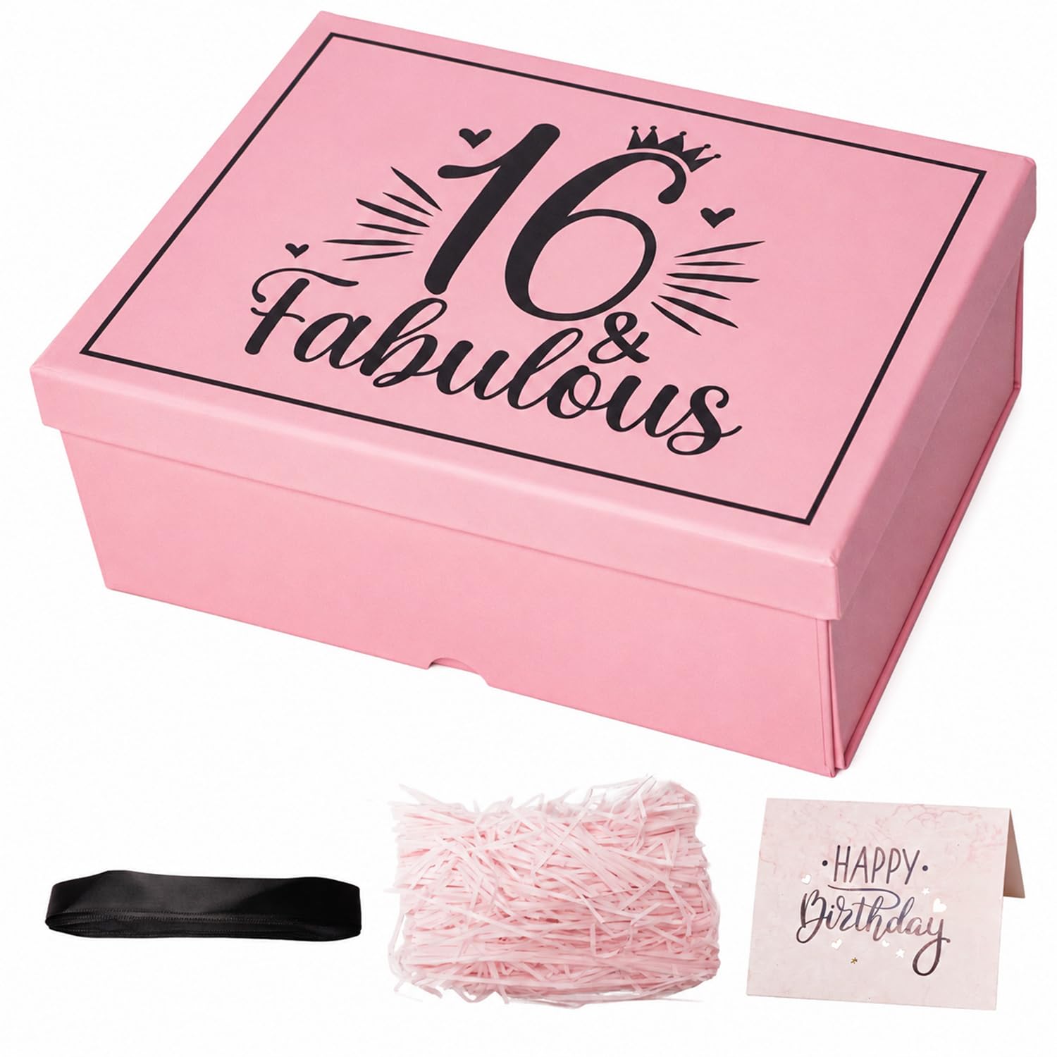 Large Pink Gift Box with Magnetic Lid for Girl16th Birthday, Includes Card, Ribbon, and Filler (Pink 16th)