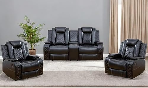 Miniatura 12 de Juego de sillón reclinable eléctrico con luces LED, juego reclinable de cuero Air con puerto USB/cargador inalámbrico/consola de