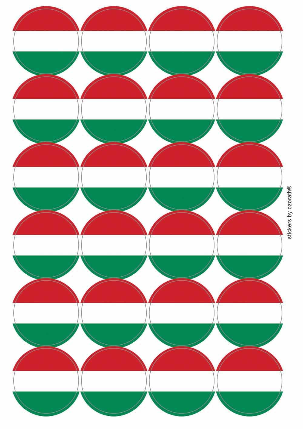 Hungary National Flag Circular Matt Paper Stickers A4 Sheet of 24 (Each Sticker is 45mm Diameter)