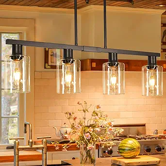 4-Light Black Kitchen Island Lighting with Adjustable Height and Clear Glass Shades