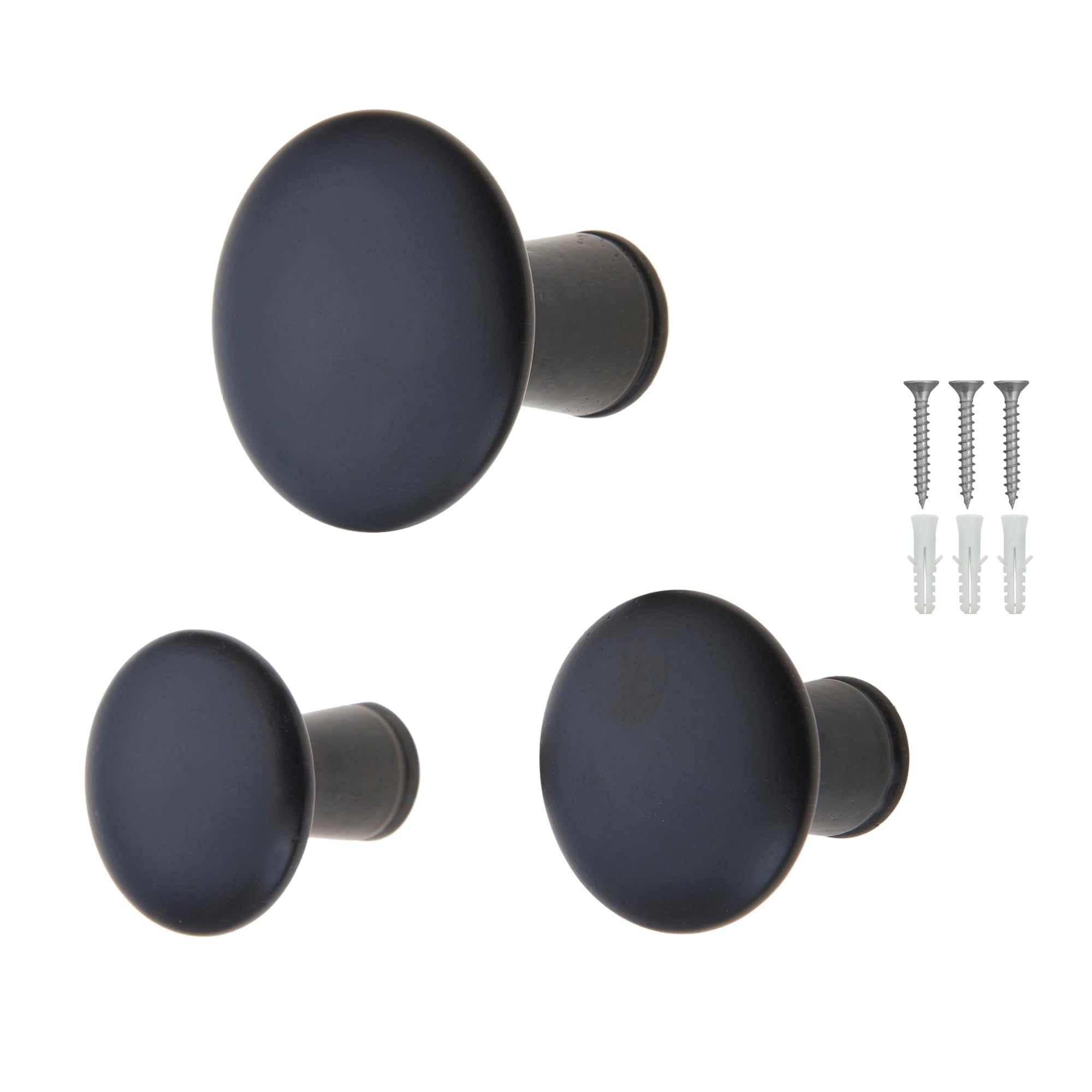 Keypak Black Painted Finish Wall-Mounted Coat Hooks, Set Of 3 Round Screw-In Wooden Hangers, Black - For Clothes, Bags, Towels, Jackets
