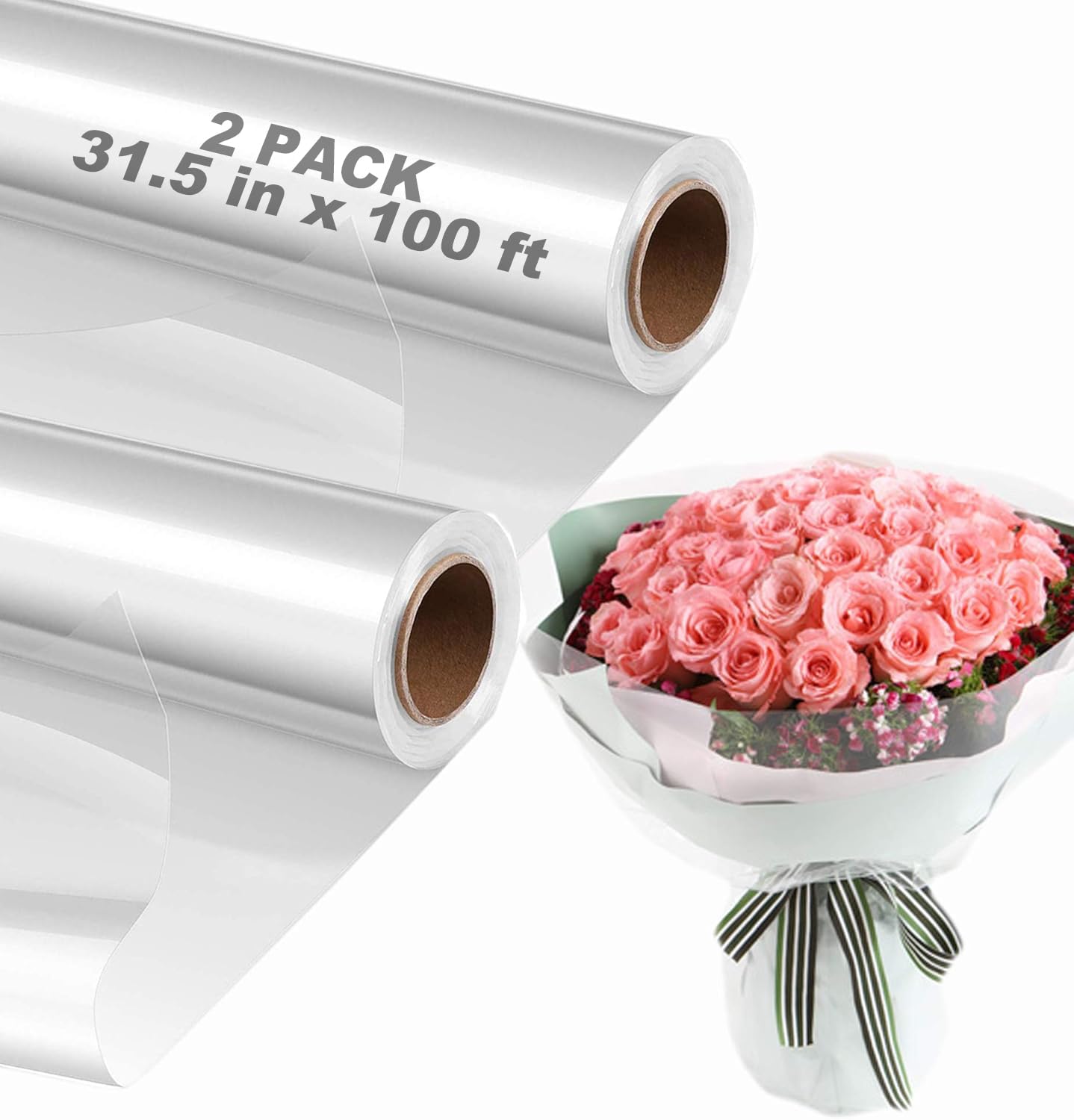 shanqian Clear Cellophane Wrap Roll, 2 Pack, 3 Mil Thickness, 31.5 in x 100 ft, Food Grade Safe, Perfect for Gift Baskets, Baby Shower, Wedding Gifts