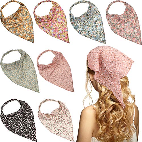 8 Pieces Floral Elastic Hair Scarf Headband Chiffon Head Kerchief Floral Printed Vintage Hair Scarf Hair Bandanas for Girls and Women Hair Accessories Decorations (Classic Patterns)