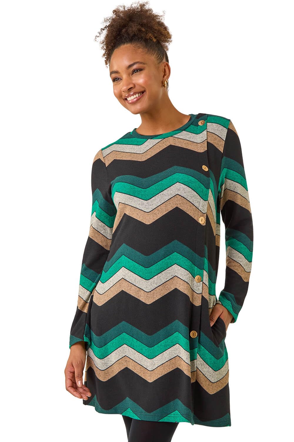 Roman Originals Women's Green Zig Zag Side Button Dress For Uk - Everyday Autumn Winter Round Neckline Comfy Soft Evening Vacation Work Party Night Out - Size 18