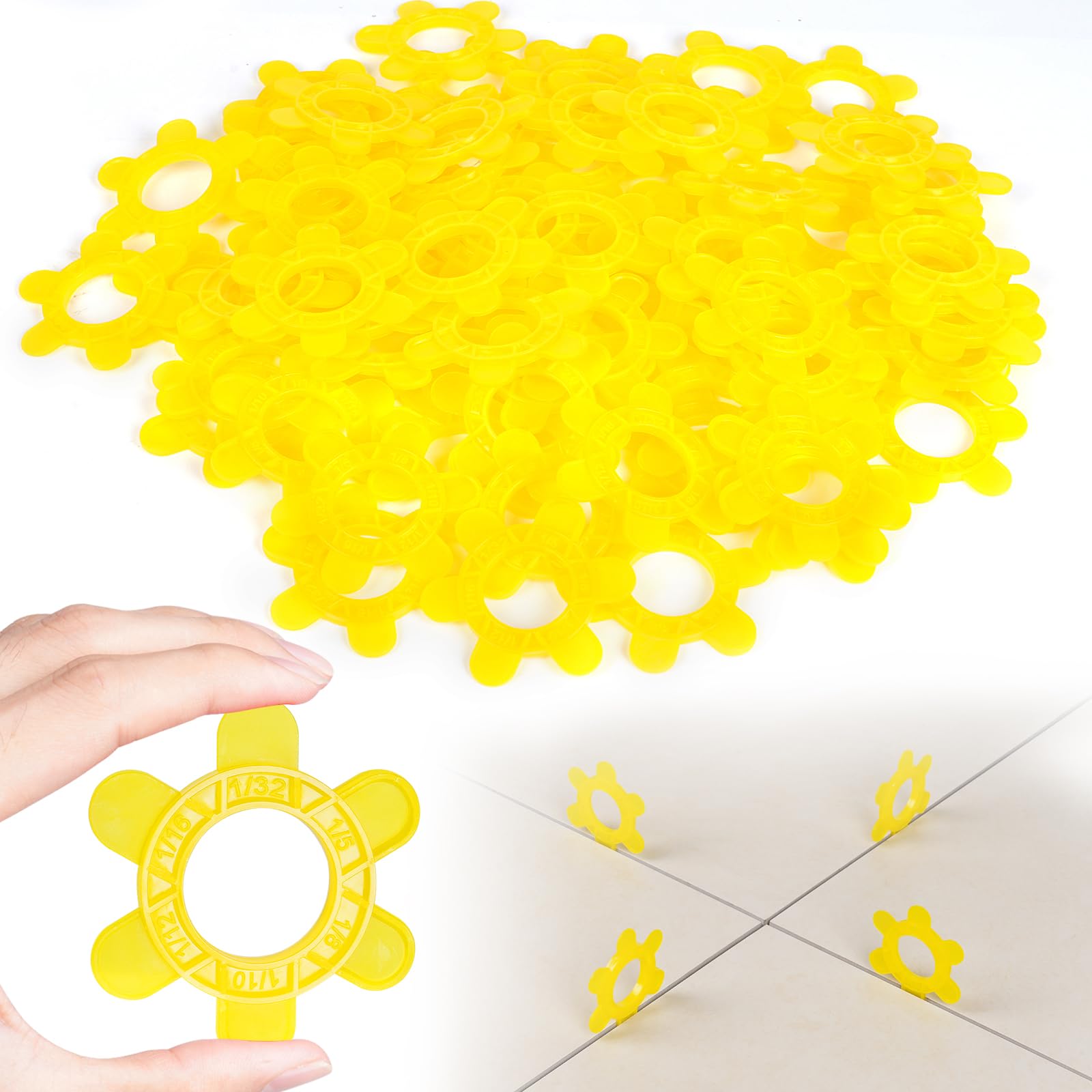 100 PCS Hexagon Tile Spacers 6-in-1 Multisize Reusable Leveling Shims (1mm–5mm) Large Color-Coded Tile Clips for DIY & Pro Tiling Perfect for Floor, Wall, and Backsplash Installation (100Pcs(Yellow))