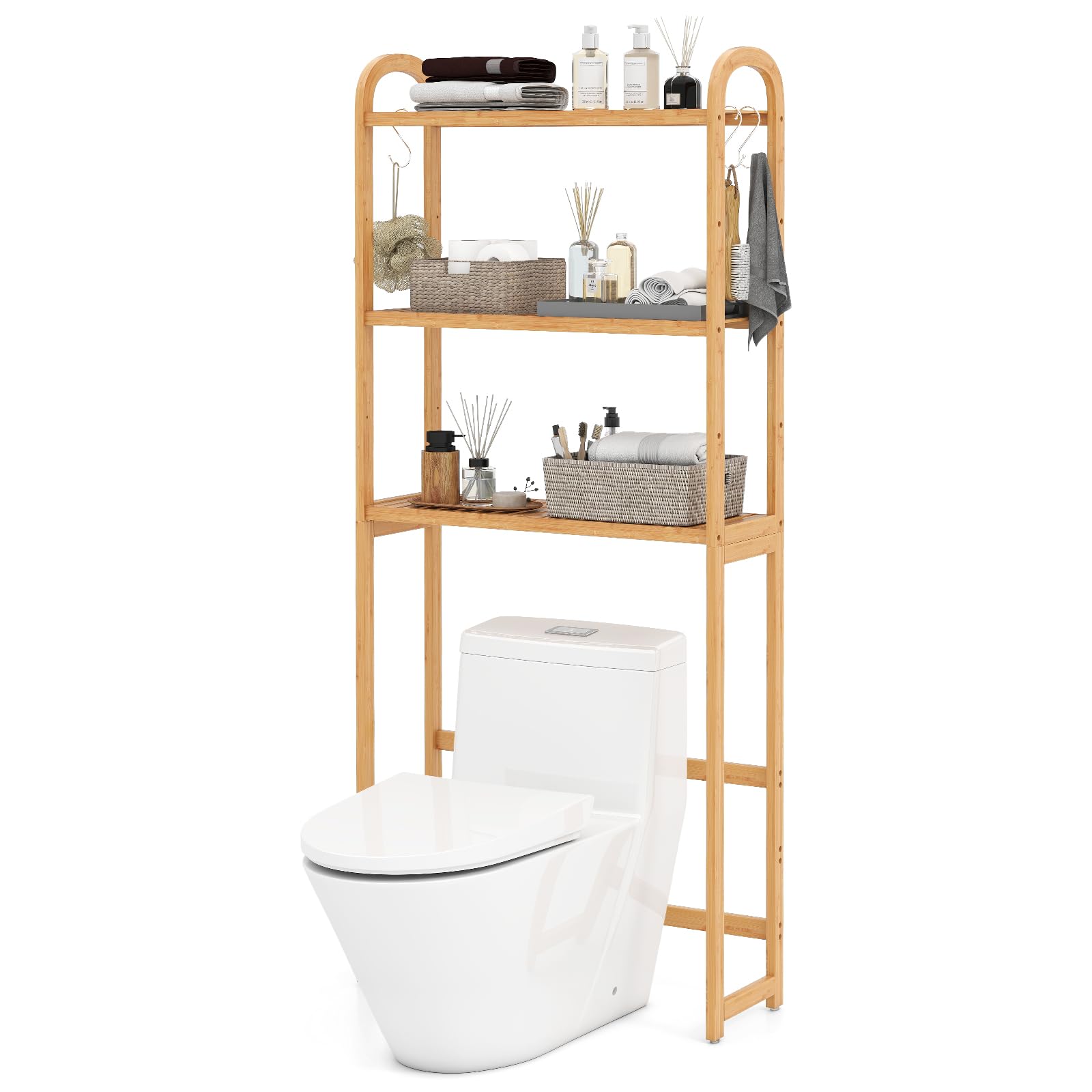 Lifezeal Estantería de Baño con 3 Niveles, Estantes Ajustables de Bambú con 3 Ganchos, Soporte Organizador sobre el Inodoro, Color Natural