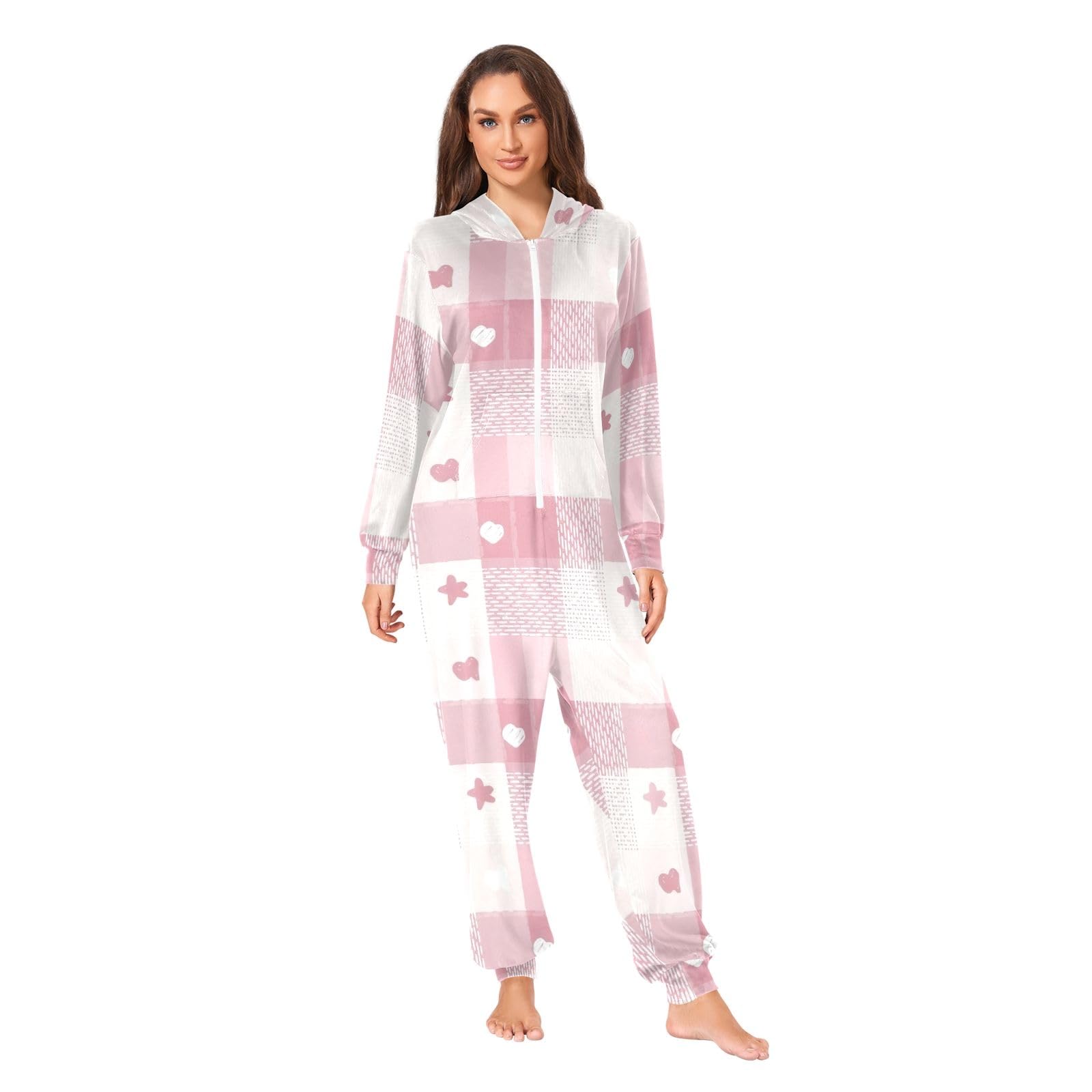 Pigiama a tutina per adulti rosa bianco, tuta in morbido velluto di cristallo, biancheria da notte invernale unisex per vacanze invernali