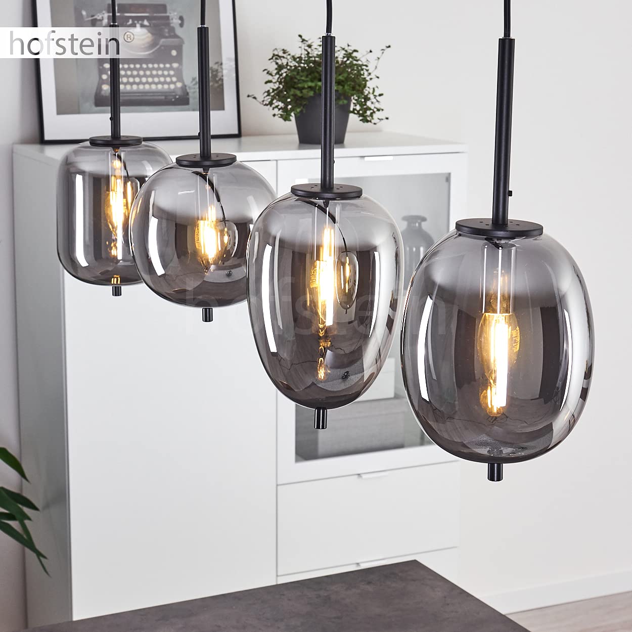 HOFSTEIN Hängeleuchte Verbania, 4-flammige Hängelampe aus Metall/Glas in Schwarz/Chrom-/Rauchfarben, moderne Leuchte im Retro/Vintage-Design, Höhe max. 120 cm, E14, Esszimmer, Küche, Wohnzimmer