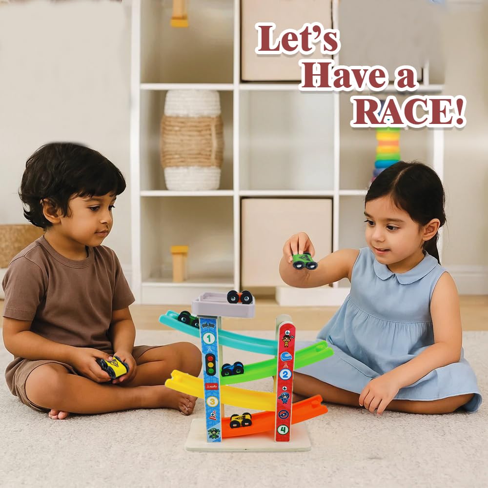 Wudly Car Ramp Race Track, 4 Level Wooden Slide with 4 Cars, Pretend Toy | Educational Montessori for Toddlers 2 Years+ 2