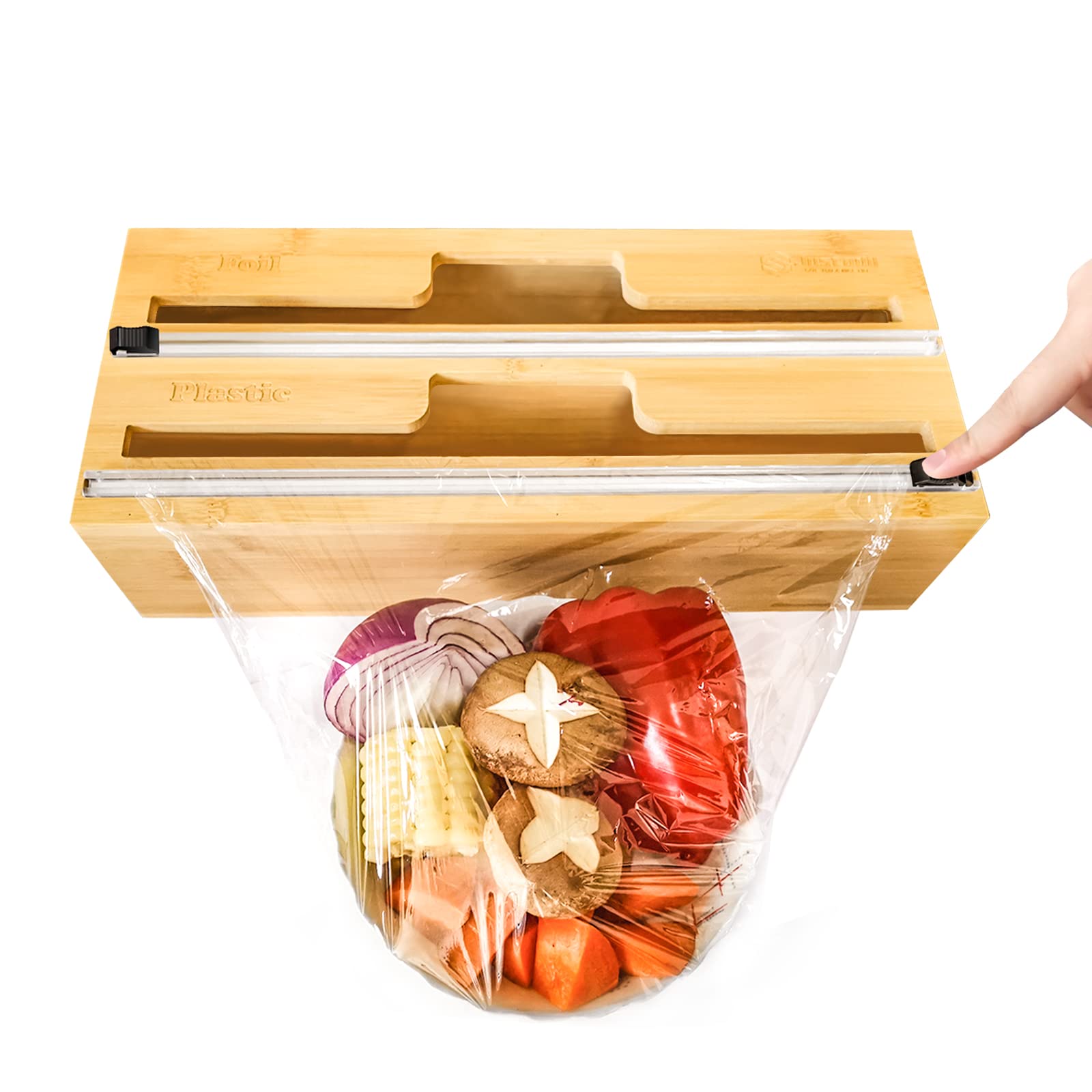 Food Wrap Dispenser 2 in 1 with Slide Cutter, Plastic Wrap, Aluminum Foil and Wax Paper Dispenser for Kitchen Drawer, Bamboo Wood Roll Organizer Holder, Compatible with 12" Roll (2 SLOTS)